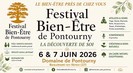 Affiche du Festival Bien-Être de Pontourny, 6 et 7 juin 2026, Domaine de Pontourny, Beaumont-en-Véron, La découverte de soi