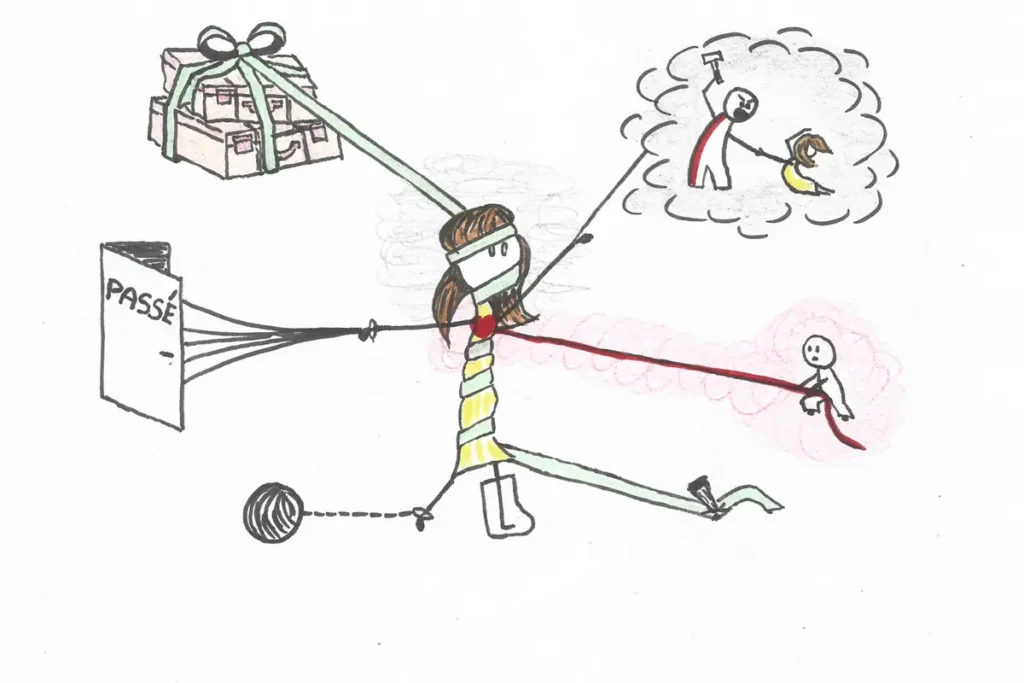 Illustration représentant les blocages et loyautés invisibles qui freinent le présent, approche de Karine Oussatoff psycho-énergéticienne