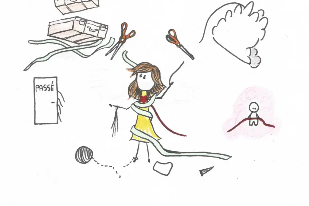 Illustration représentant la libération des mémoires émotionnelles et des liens du passé, approche de Karine Oussatoff psycho-énergéticienne
